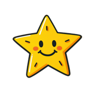En farverig, glad stjerne med et smilende ansigt, der udstråler positivitet.