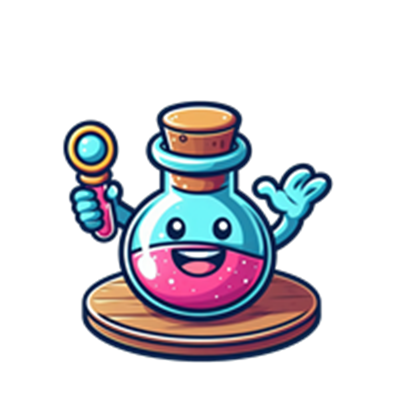 En farverig, glad alchemist holder en potion i en flaskelignende beholder.