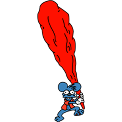 En tegneserieagtig blå mus holder en rød flamme, der stråler opad, mod en sort baggrund.