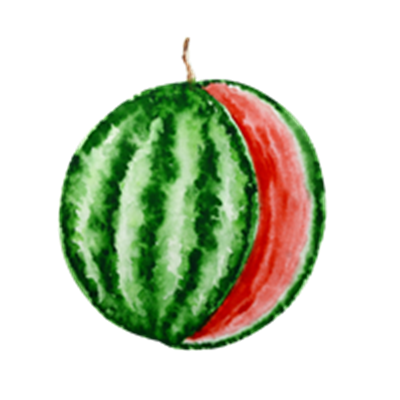 Et maleri af en vandmelon med grøn skal og rød inderside.