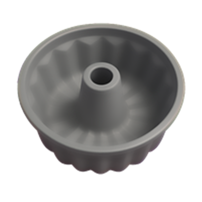 En grå kageform med en central tube og bølgede kanter, ideel til bagning.