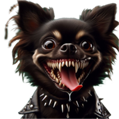 Et billede af en Chihuahua med et skræmmende udtryk, iført en læderjakke med pigge.