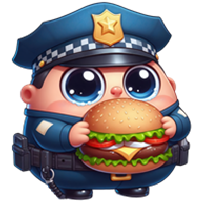 En tegnet politibetjent med store øjne, der holder en stor burger.