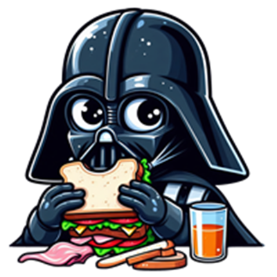 En sød, tegneserieagtig version af Darth Vader, der spiser en stor sandwich.