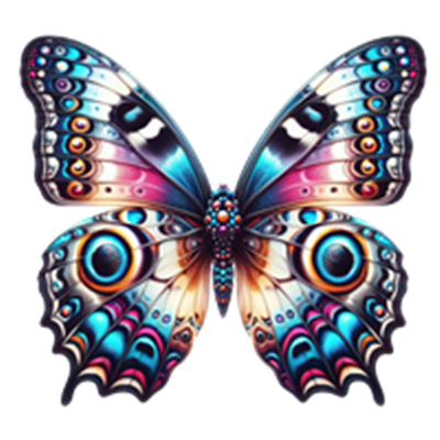 En smuk og farverig sommerfugl med komplekse mønstre og nuancer af blå, lilla og orange.