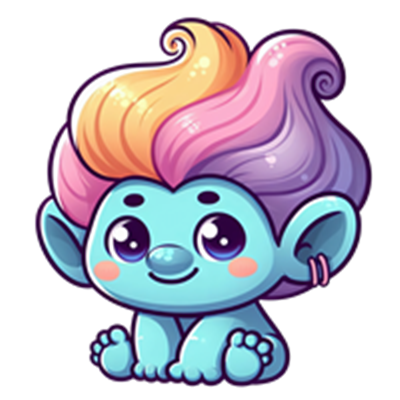 En sød, blå trold med farverigt hår, der sidder og smiler.