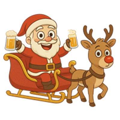 En glad julemand sidder i en slæde og holder to øl, mens han bliver trukket af et rensdyr.