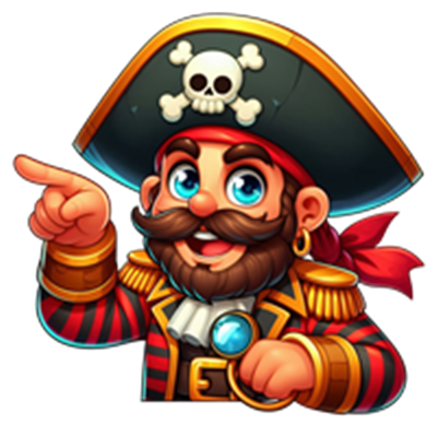 En glad pirat med øjenklap og skattehat, der peger og smiler.