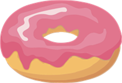 En illustration af en donuts med pink glasur og en gylden bund.