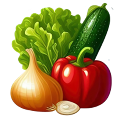 En farverig samling af grøntsager, herunder salat, agurk, løg og peberfrugt.