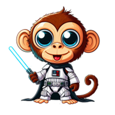 En tegnet abe iført rumdragt og kappe, der holder et lyssværd.