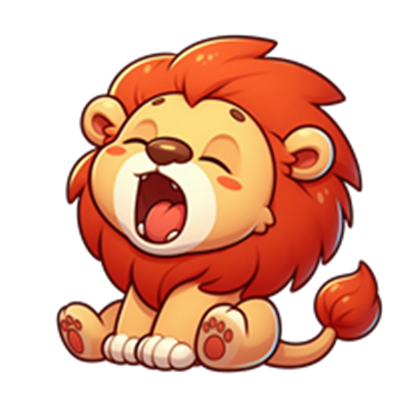 En tegneserieagtig løveunge, der gaber, med en fluffy orange manke og glade ansigtstræk.