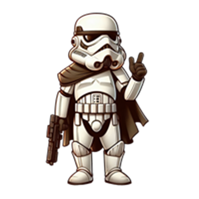 En tegneserieversion af en stormtrooper iført en kappe og med en pistol.