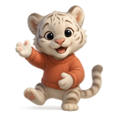 En tegnet hvid tigerunge iført en orange sweater, der smilende vinker.