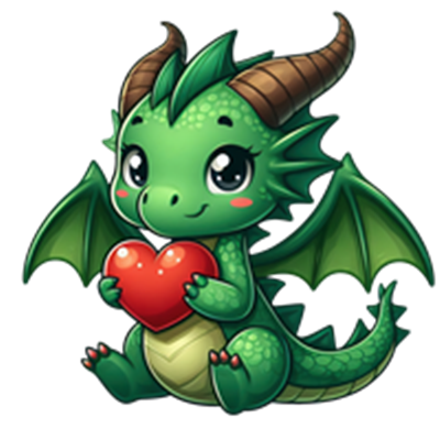 En sød, grøn drage med store øjne, der holder et hjerte i sine kløer.