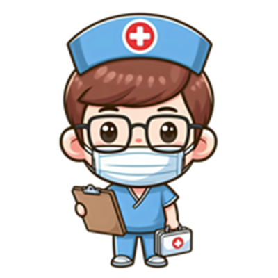 En tegnet figur af en sygeplejerske iført uniform, maske og med clipboard.