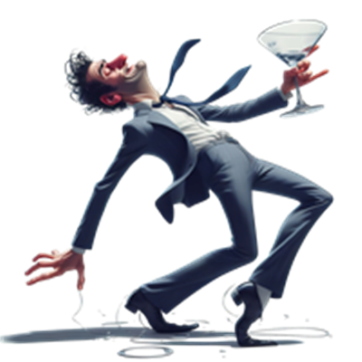 En karikatur af en mand i jakkesæt, der danser med et cocktailglas.