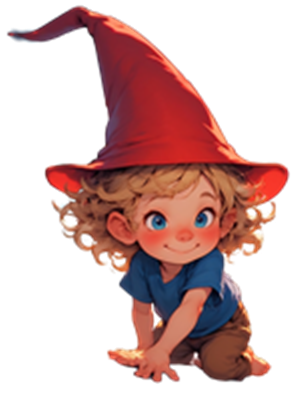 Et glad barn med krøllet hår iført en stor rød hat, der kravler hen ad gulvet.