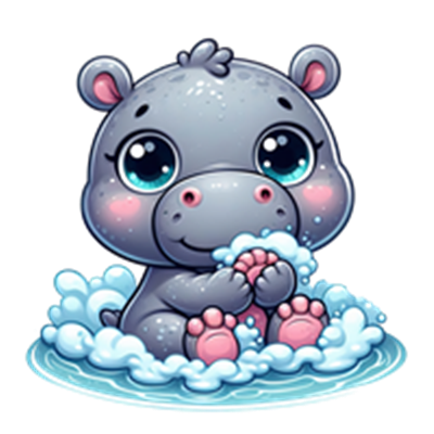 En charmerende, cartoon-agtig babyflodhest sidder i vandet med skum omkring sig.