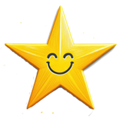 En glad, gul stjerne med et smilende ansigt, der udstråler glæde.