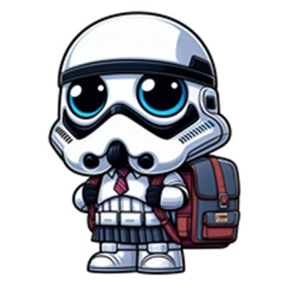 En tegneserieversion af en stormtrooper iført skoleuniform og rygsæk.