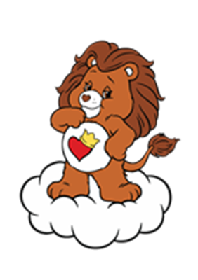 En sød tegning af en løve med en hjerte-formet krone, der står på en sky.