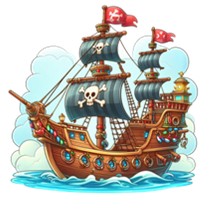 Et farverigt piratskib med sort og rød sejl, prydet med dødningehoveder, sejlende på bølger.