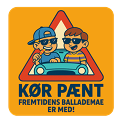 Et farverigt billede med to drenge i en bil, der opfordrer til sikker kørsel.