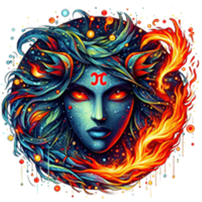 En farverig illustration af en kvindelig figur med vand- og ildelementer, der symboliserer dualitet.