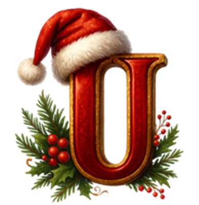 Et dekorativt bogstav U iført en julesanta hat, omkranset af gran og bær.