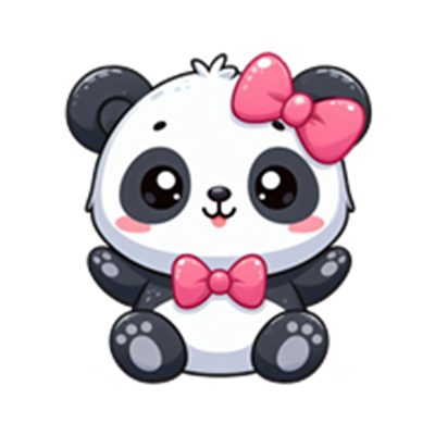 En nuttet panda med en pink sløjfe, der sidder og ser venlig ud.