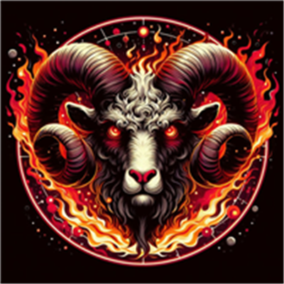 Et dramatisk billede af et vædderhoved omgivet af flammer og stjerner.