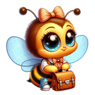 En nuttet bi med store øjne, iført en sløjfe og med en rygsæk, klar til skole.