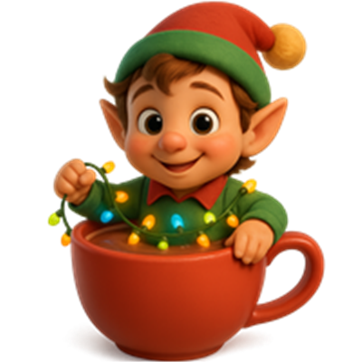 En glad julealv i rød hat sidder i en stor kop og leger med lyskæde.