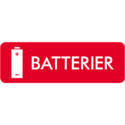 Et skilt med ordet BATTERIER på rød baggrund, der indikerer korrekt affaldshåndtering.