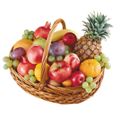 En kurv fyldt med forskellige frugter som æbler, druer, ananas og citrusfrugter.