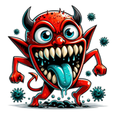En farverig, cartoonagtig rød dæmon med store tænder og en lang tunge, omgivet af virus.