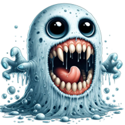 Et farverigt og skræmmende monster lavet af slim med store øjne og mange tænder.