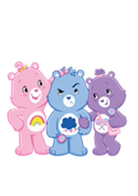 Tre søde bjørnefigurer i forskellige farver, der udtrykker forskellige følelser.