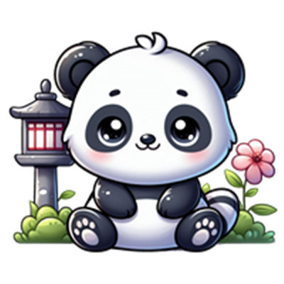 En tegneserieagtig panda, der sidder med en lampe og en blomst i baggrunden.