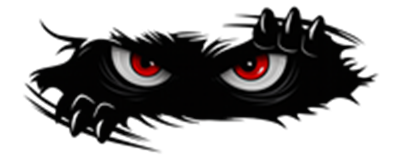 Et design med truende røde øjne, der kigger ud fra en sort baggrund.