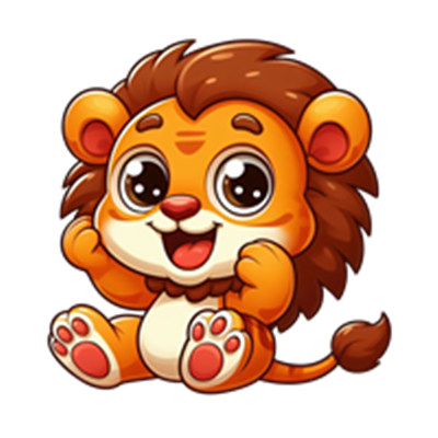 En farverig og glad tegneserieversion af en løve, der sidder og smiler.