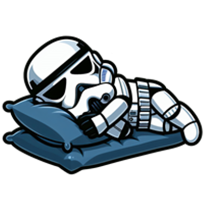 En sød illustration af en stormtrooper, der ligger og sover på en pude.