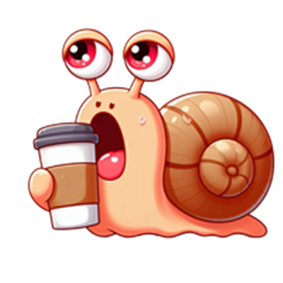 En farverig og sød snegl holder en kaffekop og ser overrasket ud.