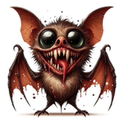 En karikeret flagermus med store øjne, skarpe tænder og blodig tunge, der ser både skræmmende og sjov ud.