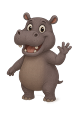 En glad flodhest med store øjne og et venligt smil, der vinker til beskueren.