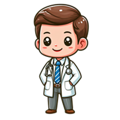 En tegnet figur af en læge med et stetoskop, iført hvid kittel og blå slips.