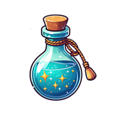 En farverig flaske med en glitrende blå væske, der symboliserer magi og eventyr.