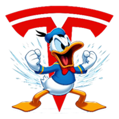 Et billede af Donald Duck, der står triumferende foran Tesla-logoet.