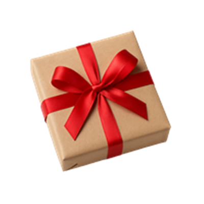 En kvadratisk gave indpakket i brunt papir med en rød satin-sløjfe på toppen.